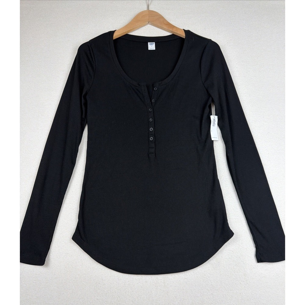 Old Navy Black  Ribbed Henley Tee Shirt Size M Button Up Y2K Elena Gilbert Style
